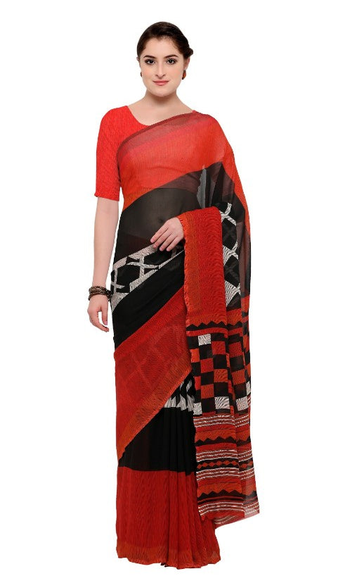 Black &amp; Red Color Printed Georgette Saree With Blouse only in Bigswipe