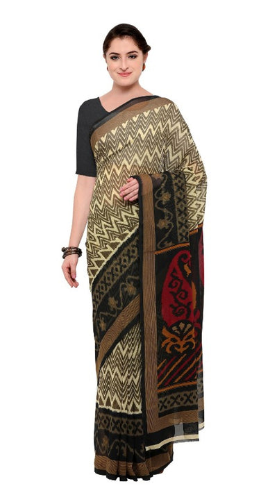 Cream &amp; Black Color Printed Georgette Saree With Blouse only in Bigswipe