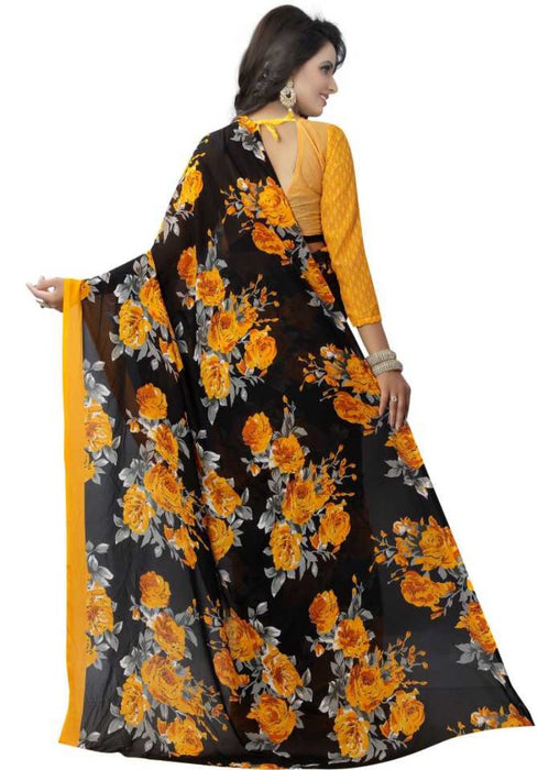 Black And Yellow Color Printed Georgette Saree With Blouse only in Bigswipe