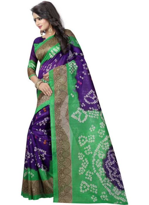 Purple And Green Color Printed Bhagalpuri Silk Saree With Blouse