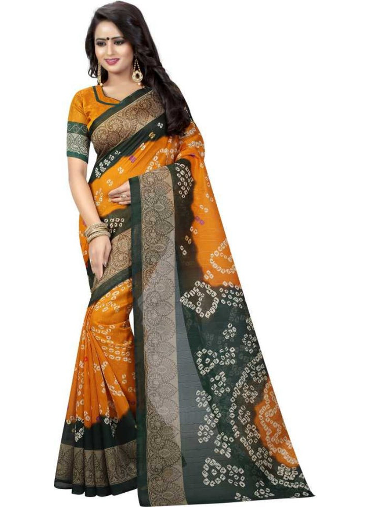 Orange And Green Color Printed Bhagalpuri Silk Saree With Blouse only in Bigswipe