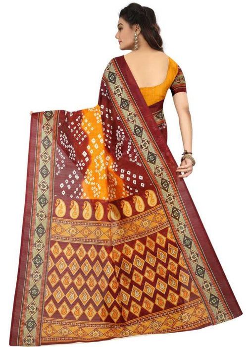 Yellow And Maroon Color Printed Bhagalpuri Silk Saree With Blouse