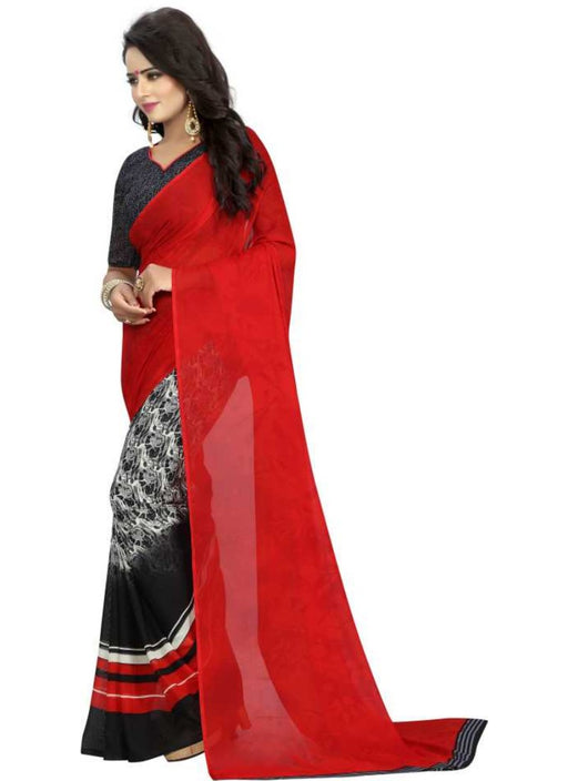 Red And Black Color Printed Georgette Saree With Blouse