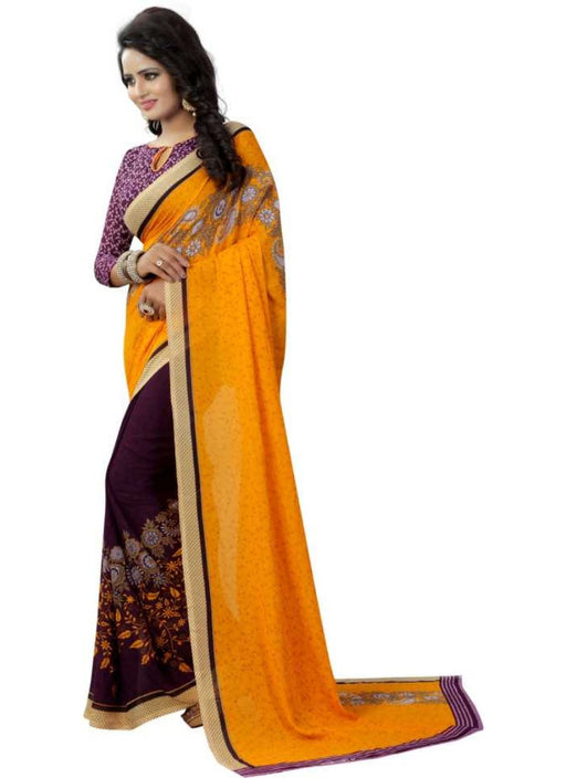 Yellow And Purple Color Printed Georgette Saree With Blouse