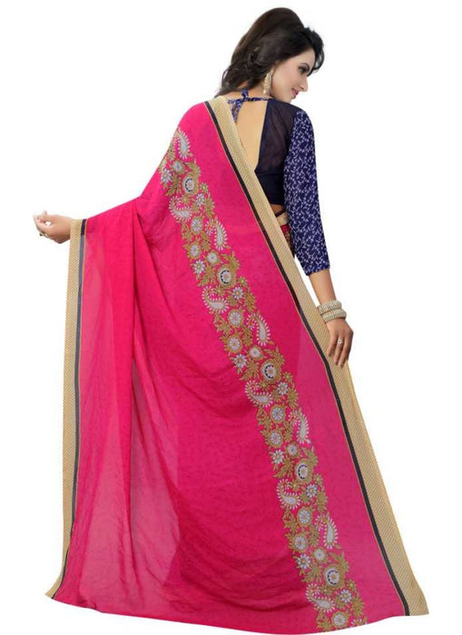 Pink And Blue Color Printed Georgette Saree With Blouse only in Bigswipe