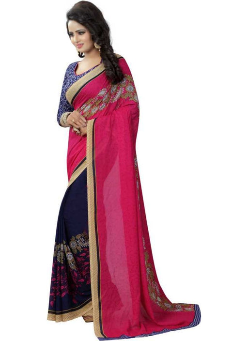 Pink And Blue Color Printed Georgette Saree With Blouse only in Bigswipe