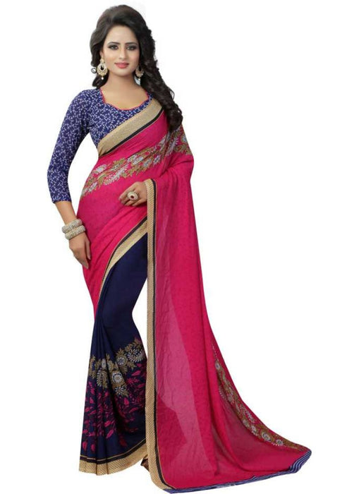 Pink And Blue Color Printed Georgette Saree With Blouse only in Bigswipe