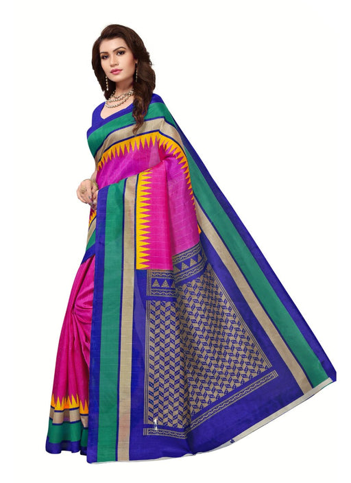 Pink And Blue Color Printed Bhagalpuri Silk Saree With Blouse only in Bigswipe