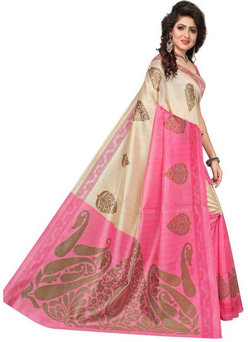 Beige And Pink Color Printed Bhagalpuri Silk Saree With Blouse only in Bigswipe