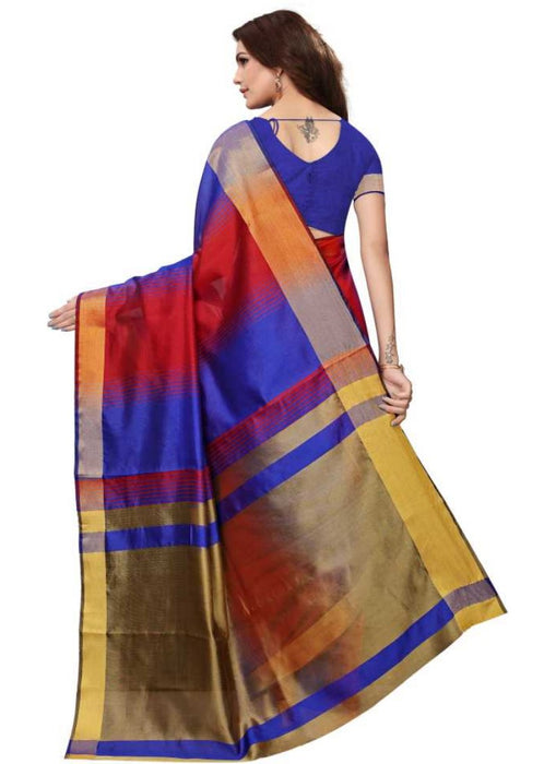 Blue And Red Color Printed Cotton Silk Saree With Blouse only in Bigswipe