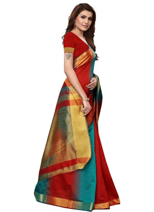 Red And Green Color Printed Cotton Silk Saree With Blouse