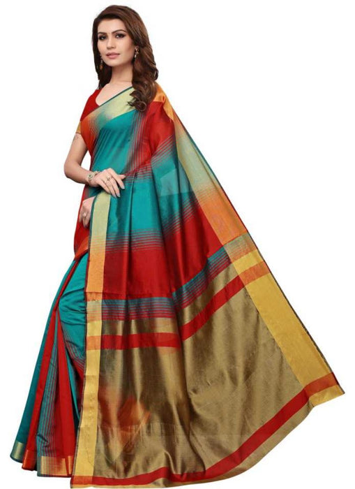 Red And Green Color Printed Cotton Silk Saree With Blouse