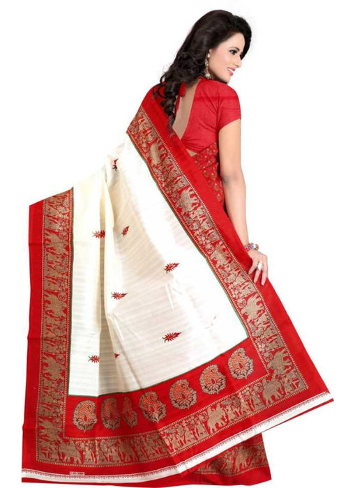 White And Red Color Printed Bhagalpuri Silk Saree With Blouse