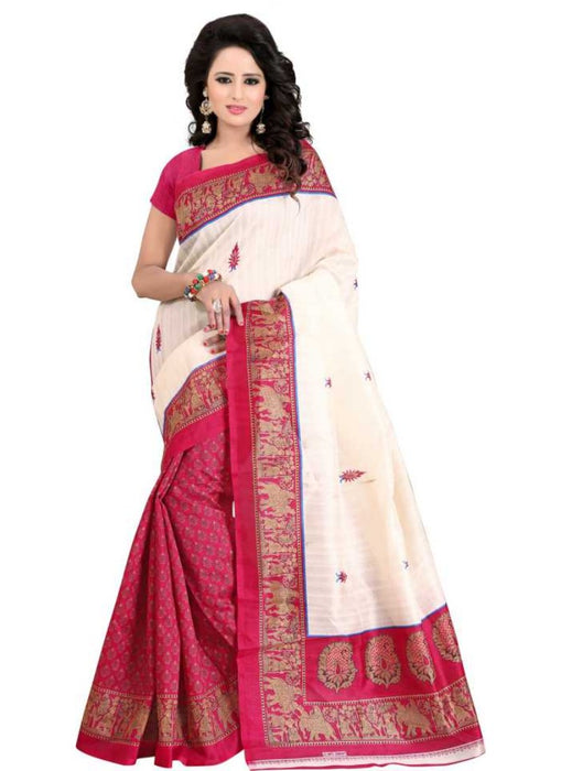 Pink And White Color Printed Bhagalpuri Silk Saree With Blouse only in Bigswipe