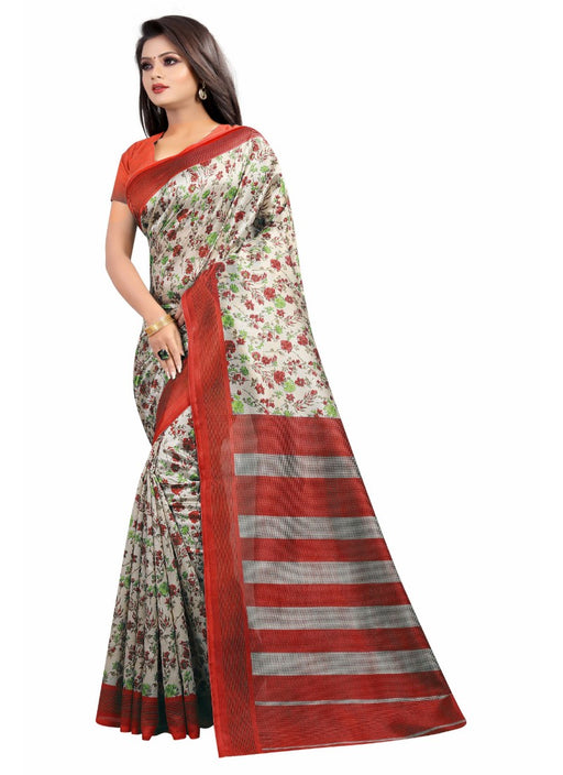 Red And White Color Printed Art Silk Saree With Blouse