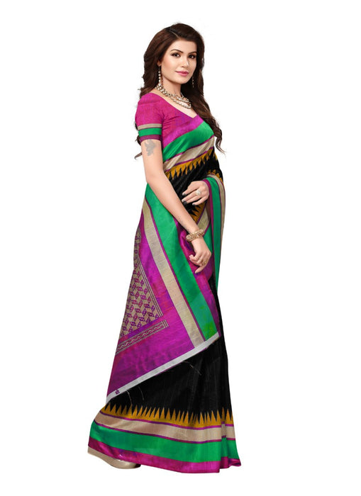 Black And Pink Color Printed Bhagalpuri Silk Saree With Blouse only in Bigswipe