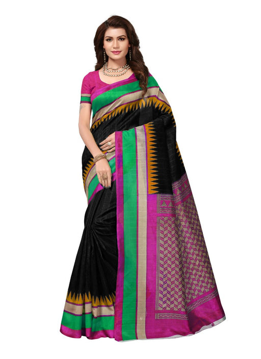 Black And Pink Color Printed Bhagalpuri Silk Saree With Blouse only in Bigswipe