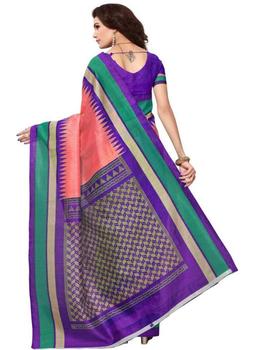 Peach And Purple Color Printed Bhagalpuri Silk Saree With Blouse only in Bigswipe