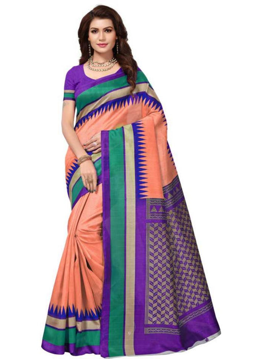 Peach And Purple Color Printed Bhagalpuri Silk Saree With Blouse only in Bigswipe