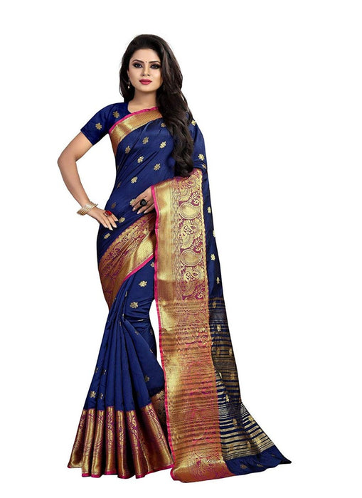 Navy Blue Color Weaving Cotton Silk Saree With Blouse only in Bigswipe