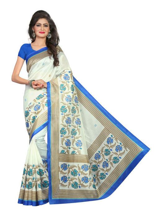 White and Blue Color Printed Bhagalpuri Silk Saree With Blouse