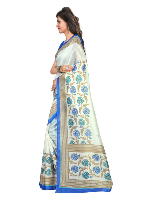 White and Blue Color Printed Bhagalpuri Silk Saree With Blouse