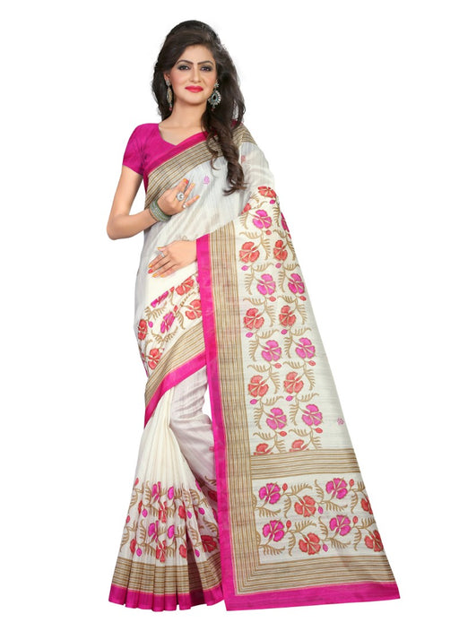 White and Pink Color Printed Bhagalpuri Silk Saree With Blouse