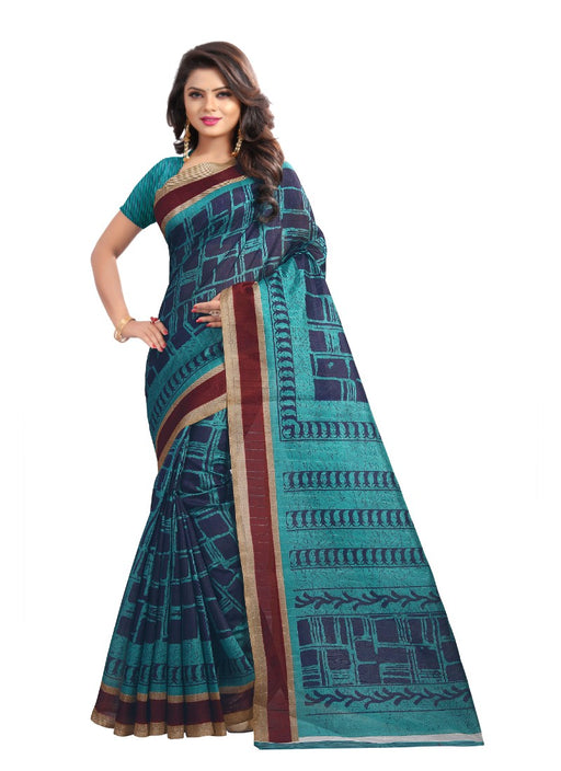 Blue Color Printed Bhagalpuri Silk Saree With Blouse only in Bigswipe