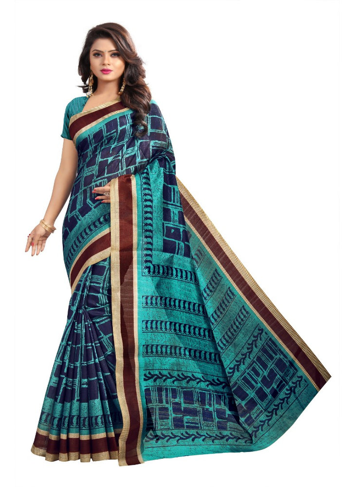 Blue Color Printed Bhagalpuri Silk Saree With Blouse only in Bigswipe