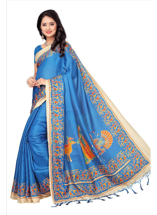 Blue Color Printed Khadi Silk Jhalor Saree With Blouse only in Bigswipe