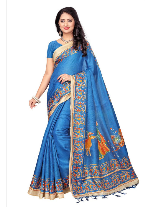 Blue Color Printed Khadi Silk Jhalor Saree With Blouse only in Bigswipe