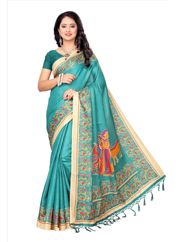 Green Color Printed Khadi Silk Jhalor Saree With Blouse only in Bigswipe