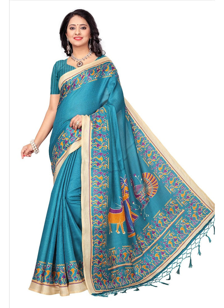 Blue Color Printed Khadi Silk Jhalor Saree With Blouse only in Bigswipe