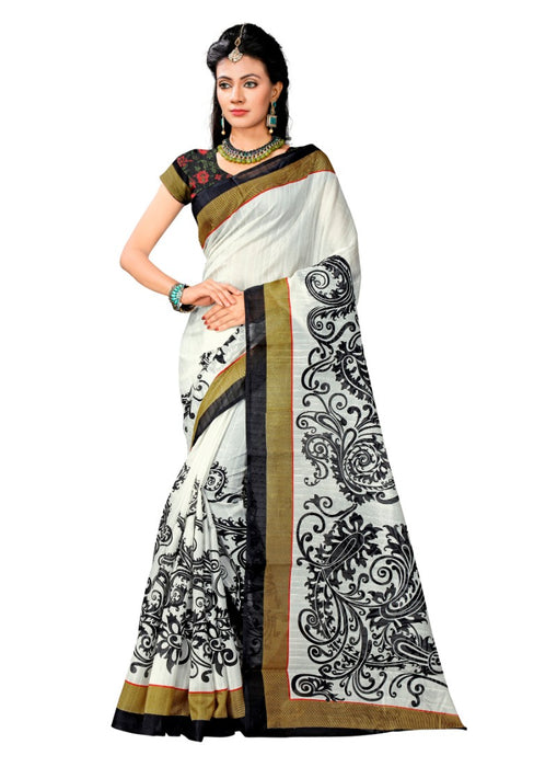 Black and white Color Printed Bhagalpuri Silk Saree With Blouse only in Bigswipe