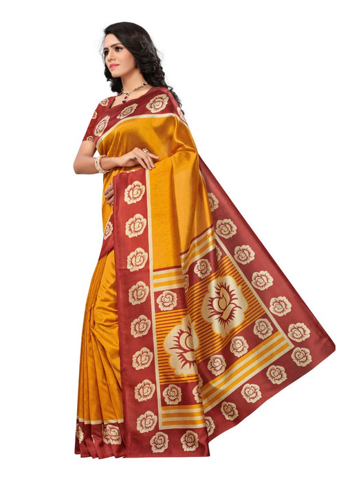 Golden Color Printed Mysore kalamkari Silk Saree With Blouse only in Bigswipe