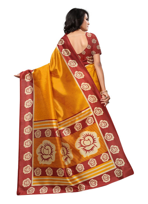 Golden Color Printed Mysore kalamkari Silk Saree With Blouse only in Bigswipe