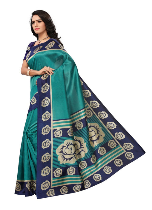 Turquoise Color Printed Mysore kalamkari Silk Saree With Blouse