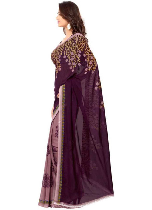 Printed Faux Georgette Wine Color Saree only in Bigswipe