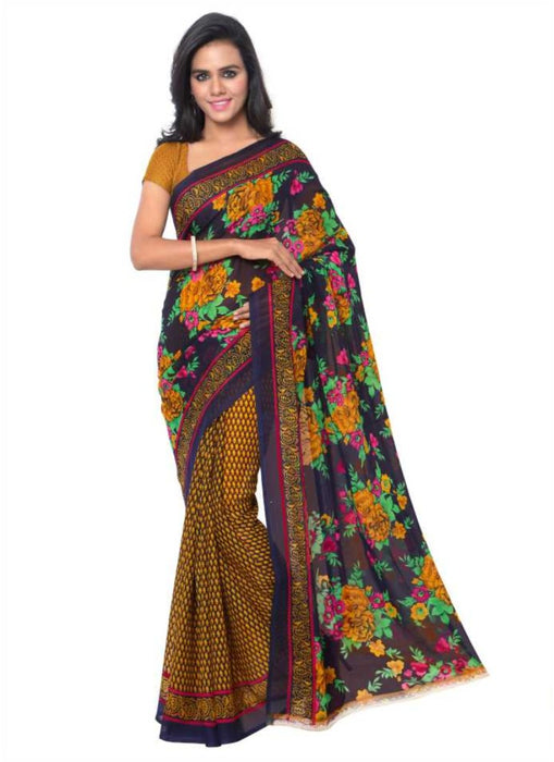 Printed Faux Georgette Gold Color Saree only in Bigswipe