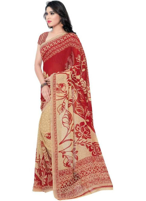 Printed Faux Georgette Red Color Saree only in Bigswipe