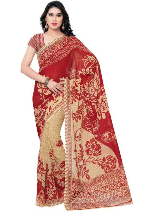 Printed Faux Georgette Red Color Saree only in Bigswipe
