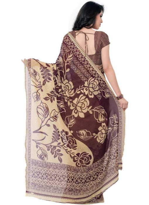 Printed Faux Georgette Wine Color Saree only in Bigswipe