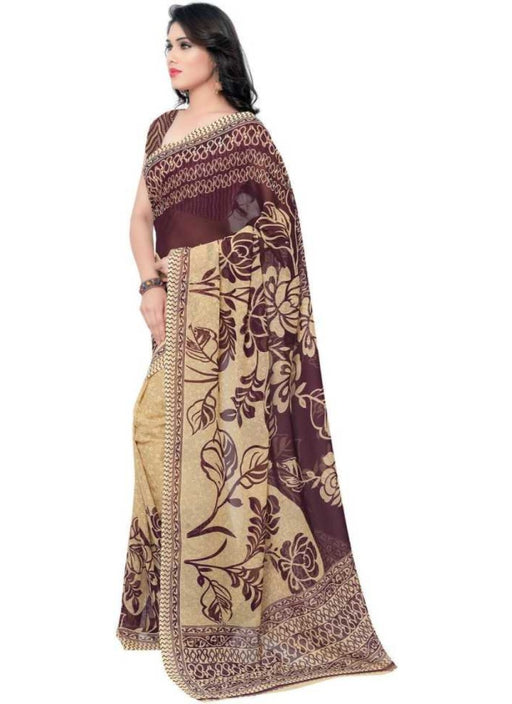 Printed Faux Georgette Wine Color Saree only in Bigswipe