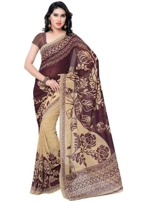 Printed Faux Georgette Wine Color Saree only in Bigswipe