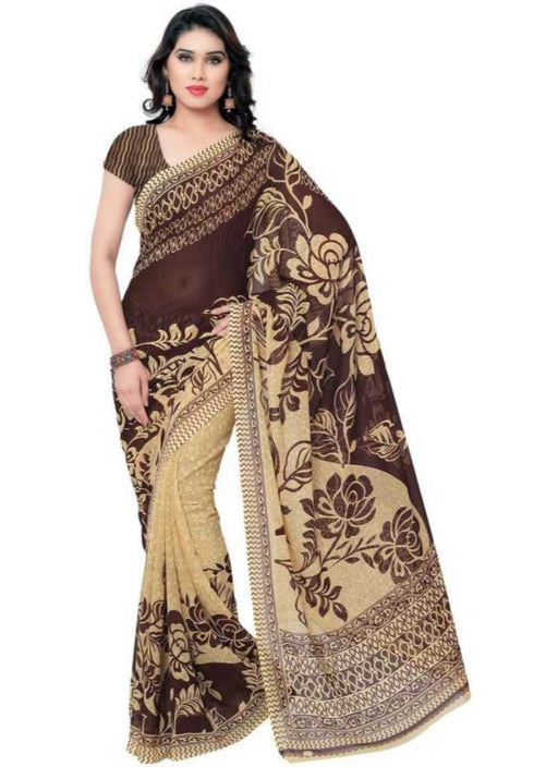 Printed Faux Georgette Coffee Color Saree only in Bigswipe