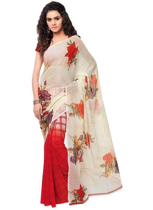 Printed Faux Georgette Red Color Saree only in Bigswipe