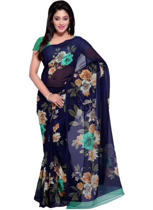 Printed Faux Georgette Blue Color Saree only in Bigswipe