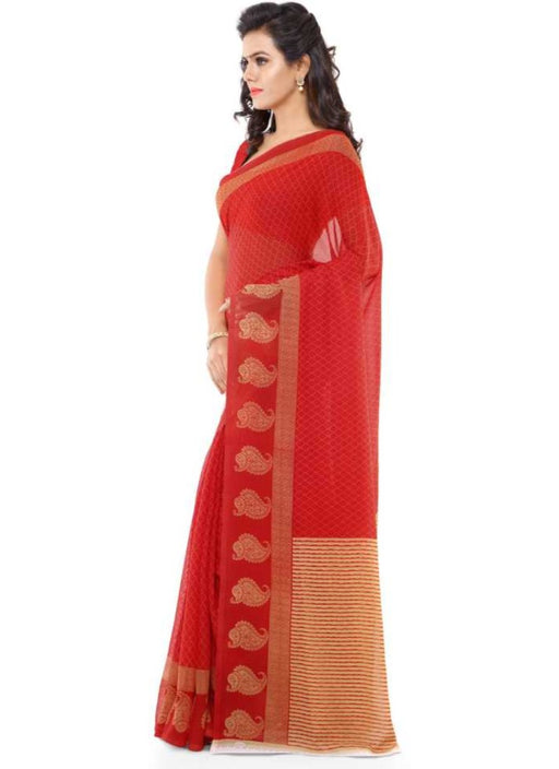 Printed Faux Georgette Red Color Saree only in Bigswipe