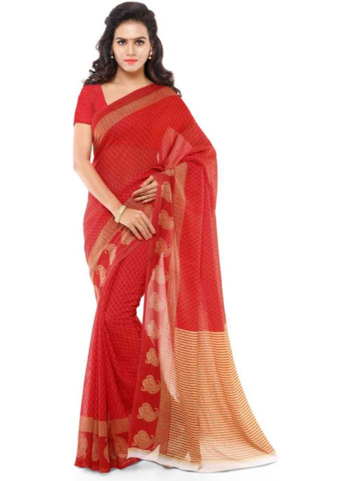Printed Faux Georgette Red Color Saree only in Bigswipe