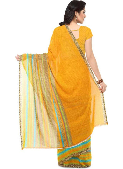 Printed Faux Georgette Yellow Color Saree only in Bigswipe
